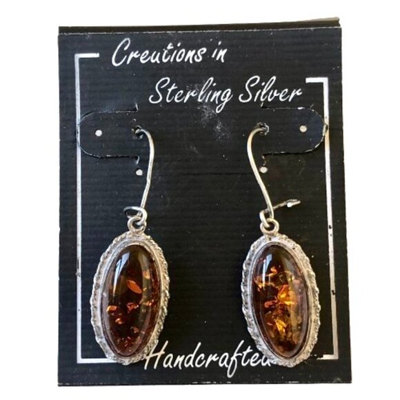 Amber Sterling Silver Dangle Drop Earrings Leverback Handcrafted New - Picture 6 of 7